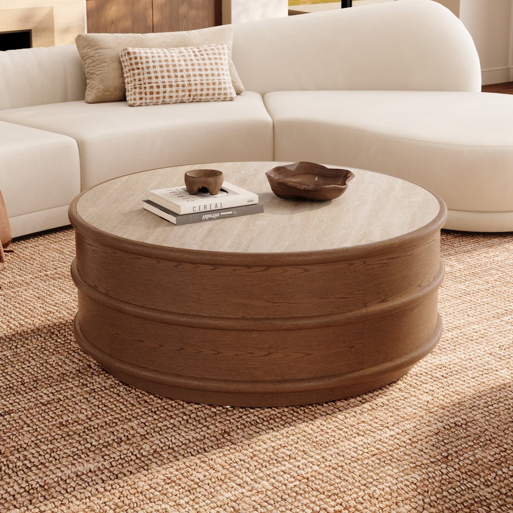 36" Ash Wood Round Coffee Table with Sintered Stone Top window image