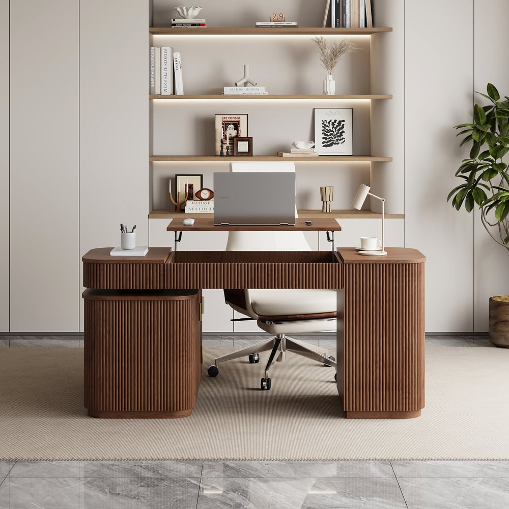 Modern 60" L-Shape Walnut Executive Desk with Drawers & Cabinet Right Hand window image