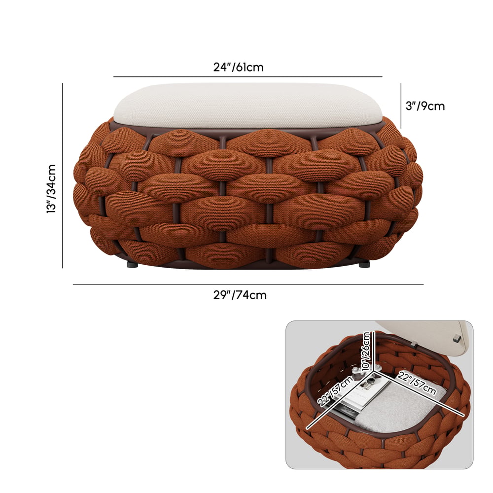 Cocaro Outdoor Hand-Woven Rope Footrest Storage Ottoman in Orange weights dimensions image