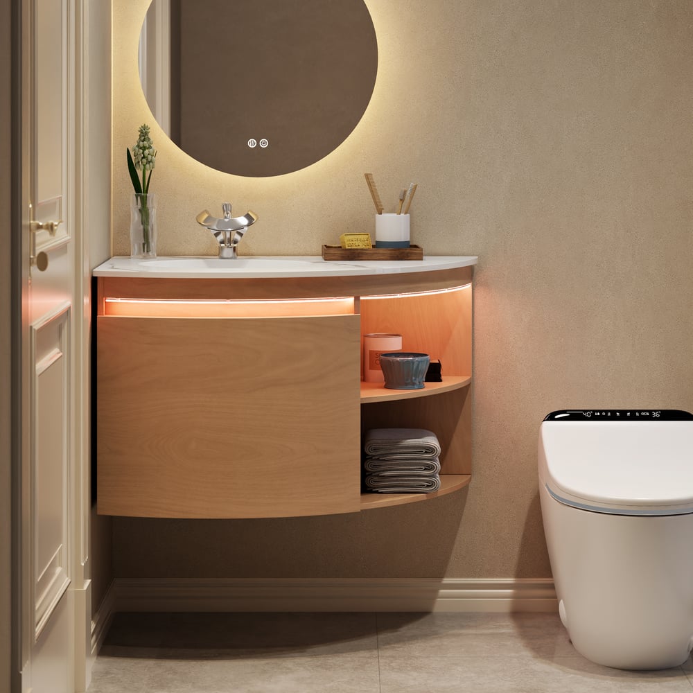 Meuble-lavabo d'angle de 91,44 cm avec rangement et éclairage LED à capteur image de fenêtre