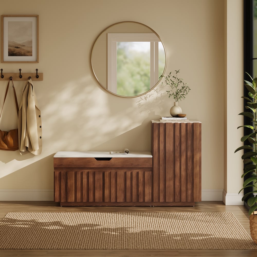 Banc de rangement à chaussures Aura 47" en bois de noyer avec armoire sur le côté droit pour entrée image de fenêtre