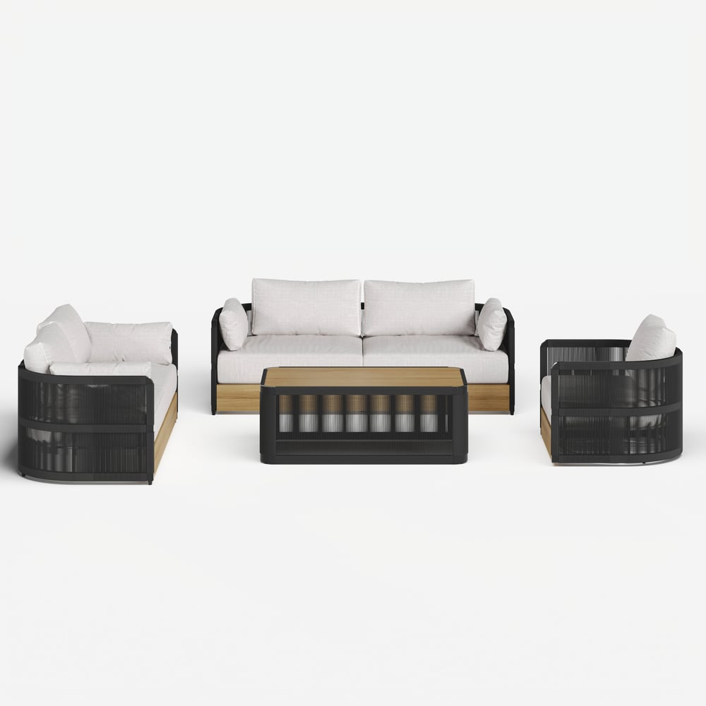 4-Pieces Modern Aluminum & Rope Outdoor Swivel Sofa Set with Coffee Table in Black for 6 window image