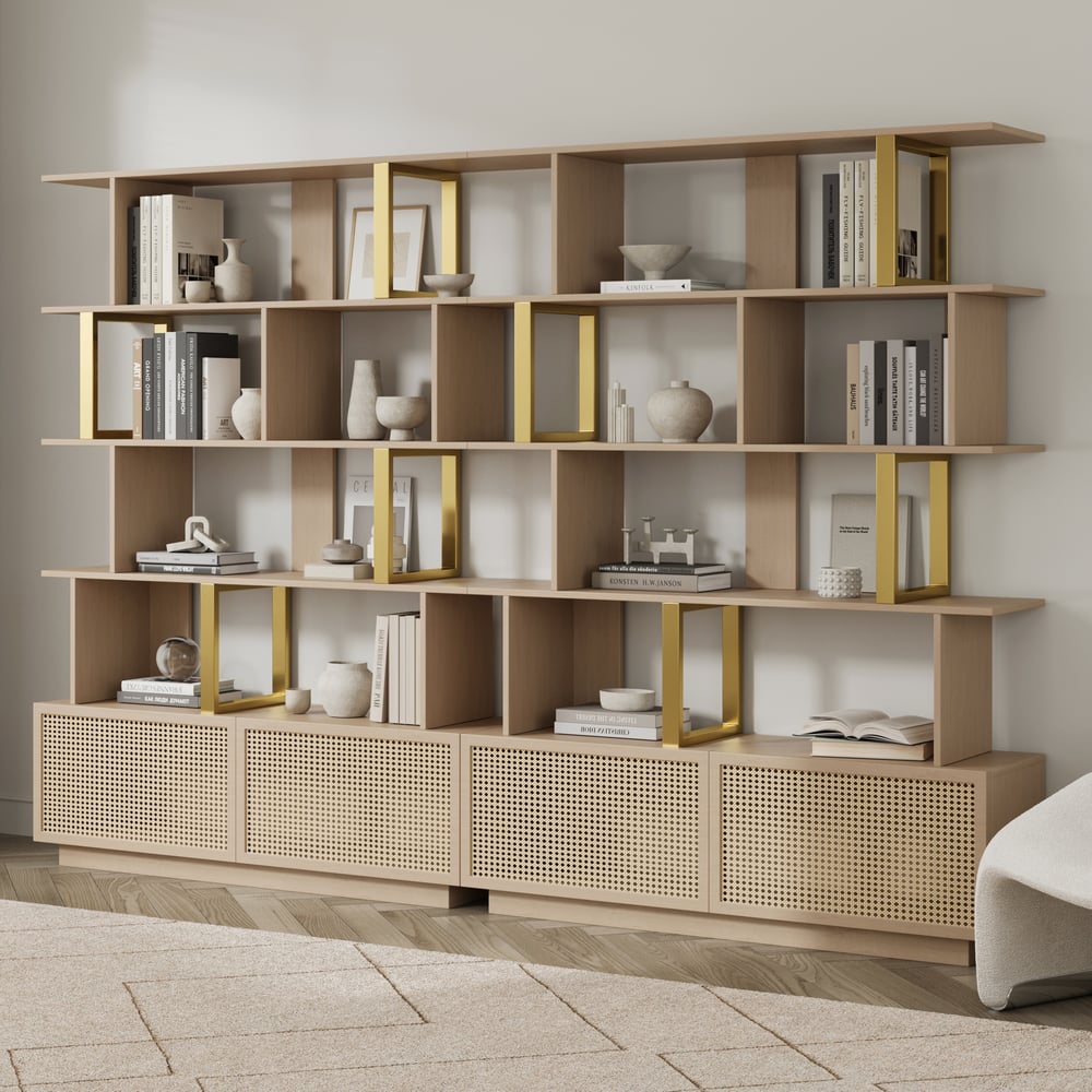 5-Tier Whitewash Bookshelf with 2 Drawers Wooden Bookcase in Gold (64.8" High) window image