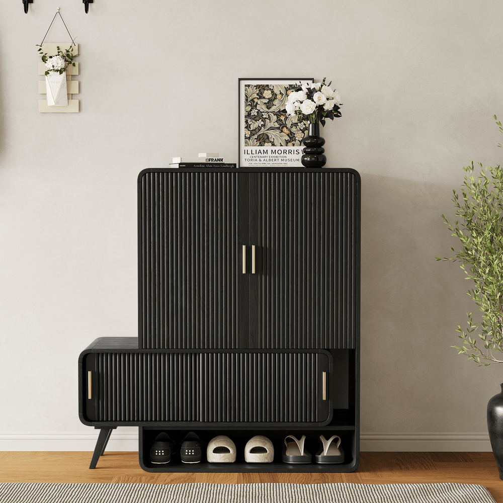 Meuble d'entrée cannelé en placage de bois de frêne de 37 pouces avec rangement pour chaussures, main gauche image de fenêtre