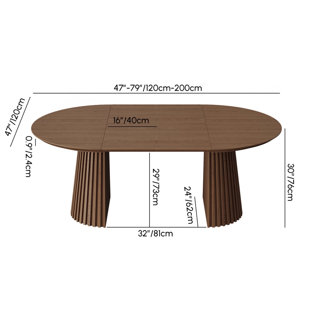 Modern 47"-79" Extendable Walnut Wood Dining Table with Fluted Base, Seats 4-6 weights dimensions image