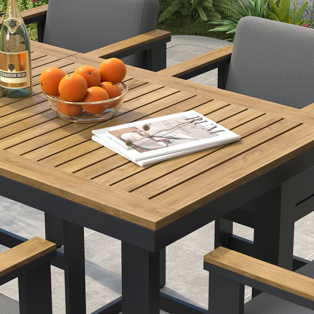 Axis 7-Piece Outdoor Teak Wood Modern Bar Dining Table Set with 6 Chairs window image