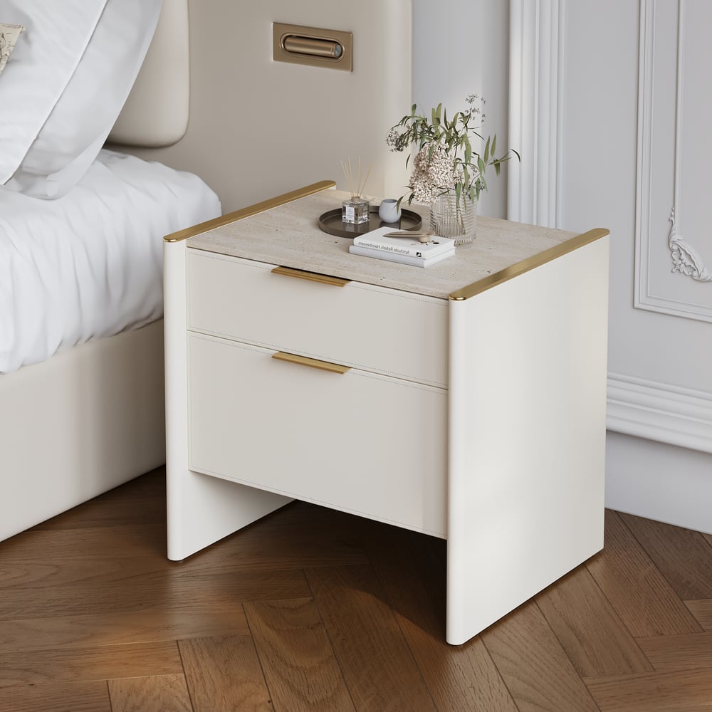 Modern Saddle Leather 2-Drawer Nightstand with Faux Travertine Stone Top window image