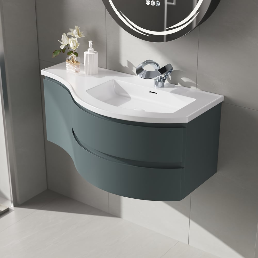 Floating Curved Bathroom Vanity & Round LED Medicine Cabinet Set Right Offset window image