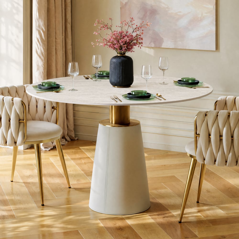 Modern 39" Round Faux Travertine Dining Table with Leather-Wrapped Base, Seats 2 window image