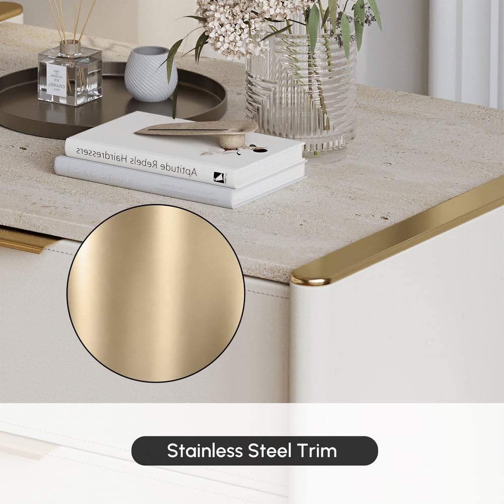 Modern Saddle Leather 2-Drawer Nightstand with Faux Travertine Stone Top window image