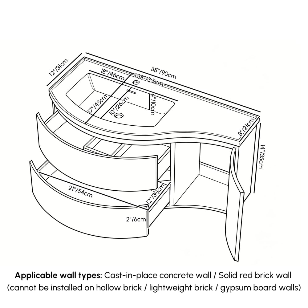 35" Floating Single Curved Bathroom Vanity with Sink & Storage weights dimensions image
