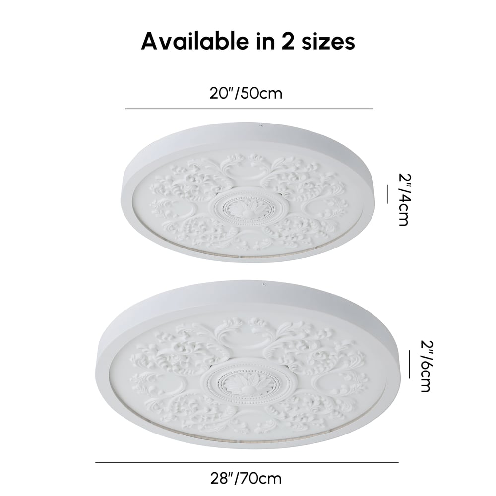 French Elegant White Resin 3D Carved LED 3-Mode Dimmable Flush Mount Ceiling Light weights dimensions image