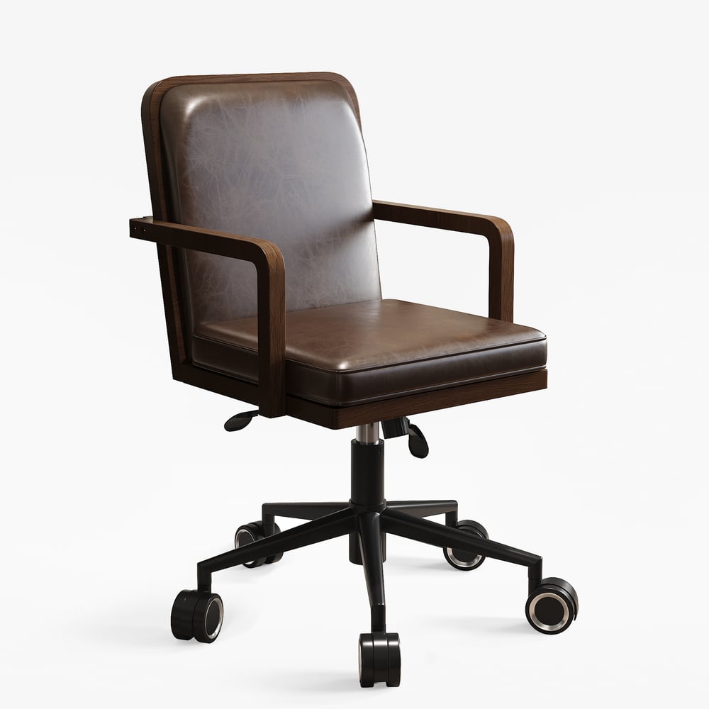 64" Mid-century Style Walnut  Home Office Desk & Faux Leather Adjustable Office Chair window image