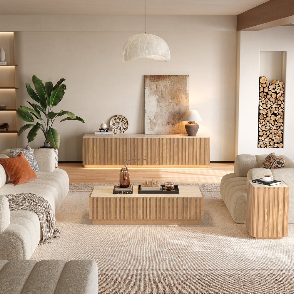 Aura Ash Wood Fluted Natural Side Table with Sintered Stone Top window image
