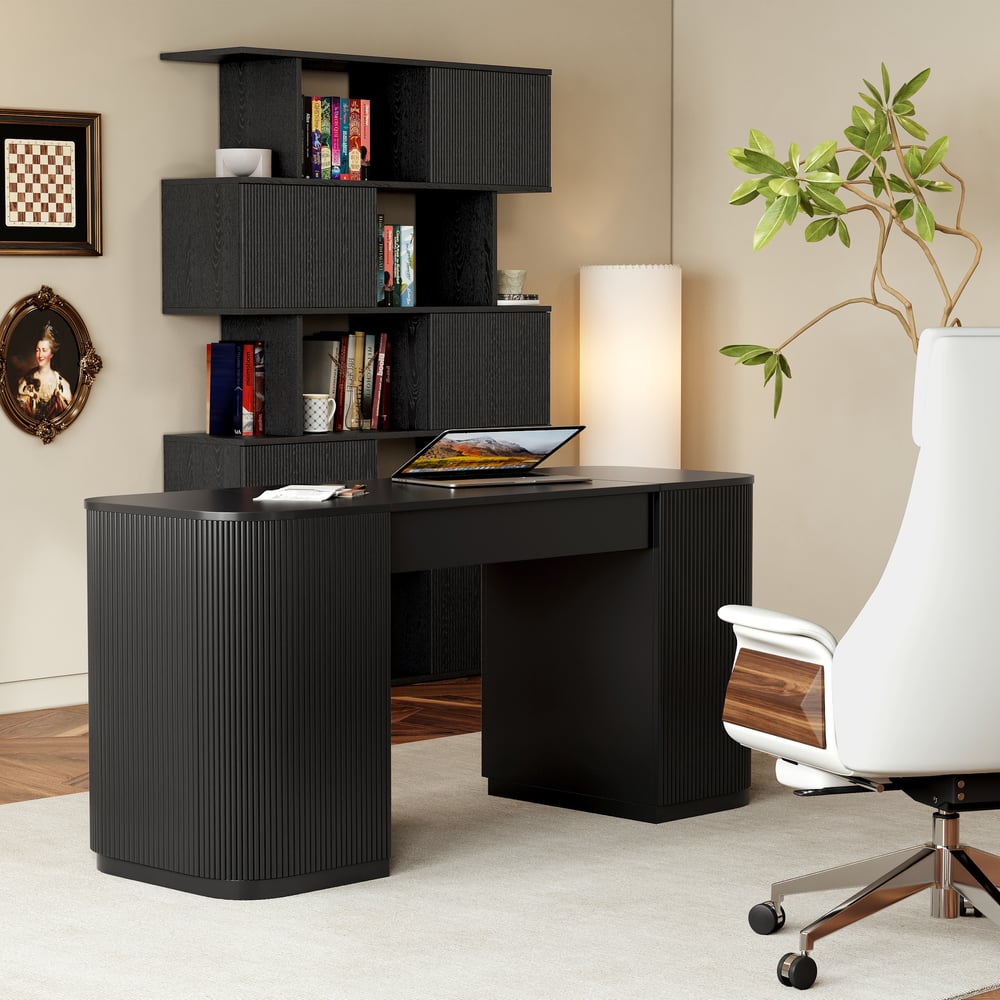 72.8" Black Sliding Door Etagere Bookshelf 5-Shelf Tall Book Shelf Rich Storage window image