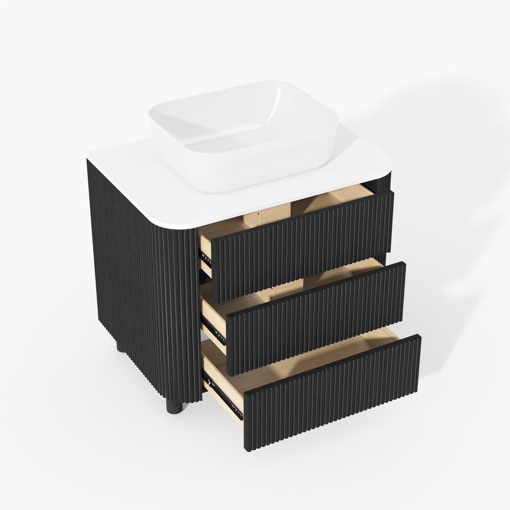 80cm Fluted Freestanding Bathroom Vanity with Vessel Sink, 3-Drawers, Sintered Stone top window image