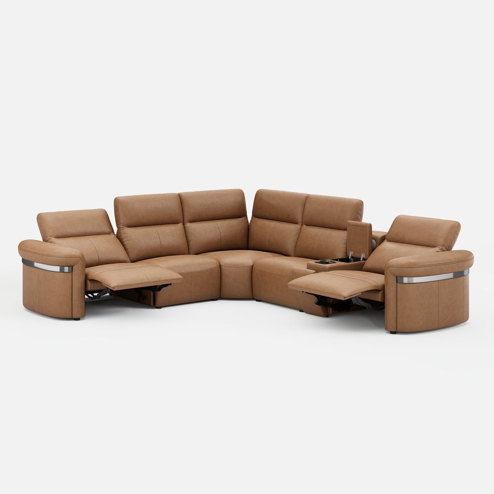 Genuine Leather Multifunction Media Console Power Reclining Sofa window image