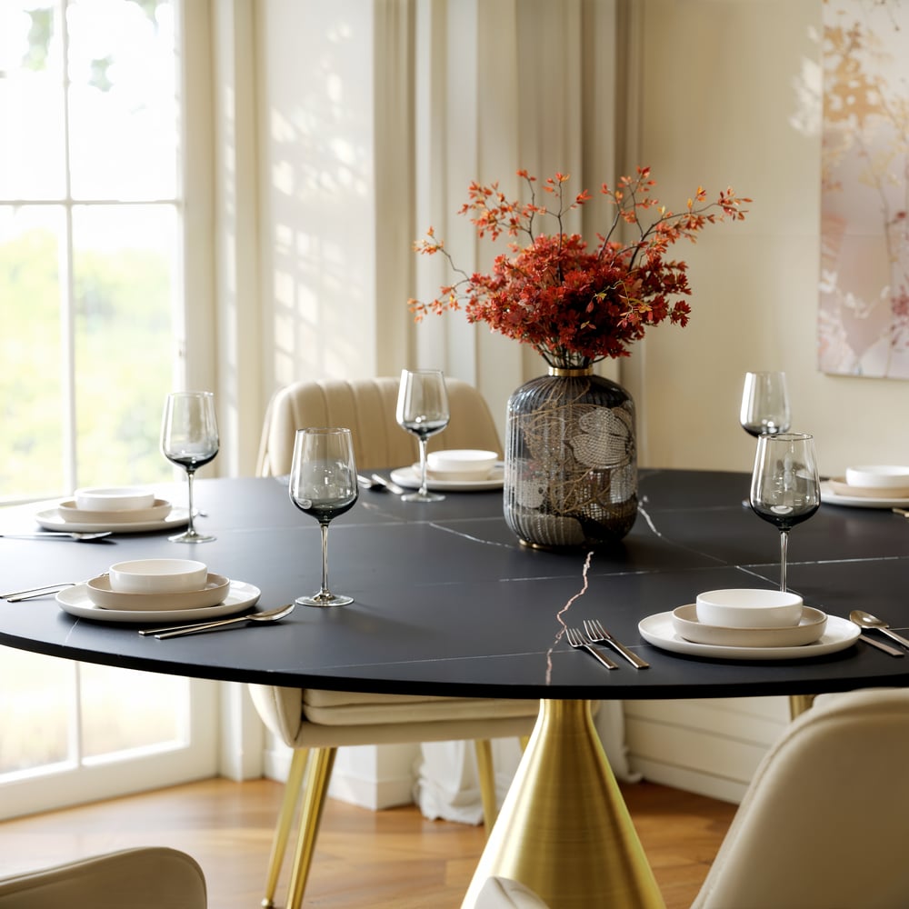 152cm Round Matte Sintered Stone Dining Table with Gold Metal Pedestal Base, Seats 6 window image