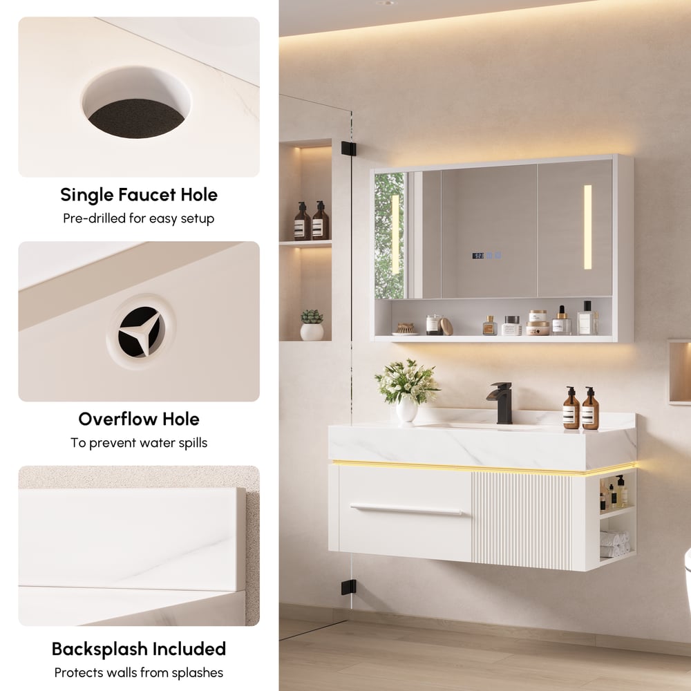39.4" Wall-Mounted Bathroom Vanity with Sintered Stone Top, LED Sensor Light window image