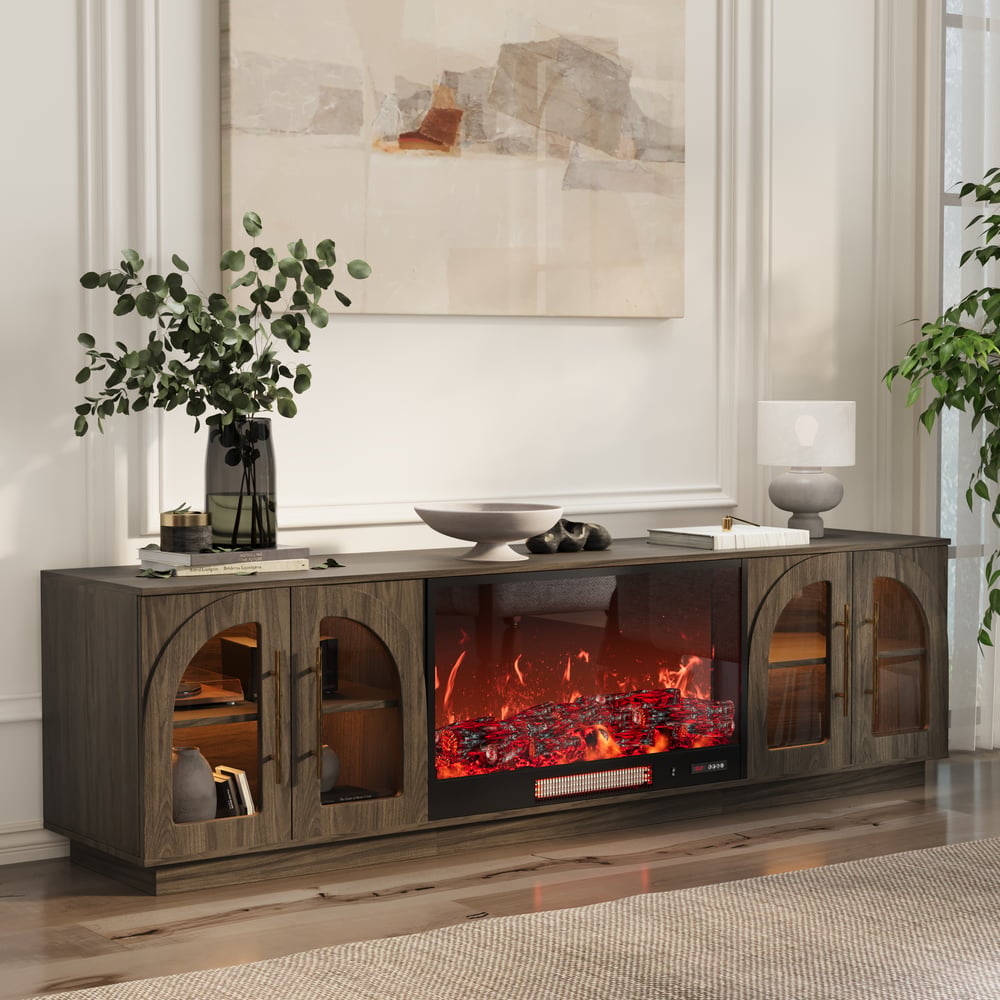 Arune 80" Arched Glass Doors Electric Fireplace TV Stand with Remote Control window image