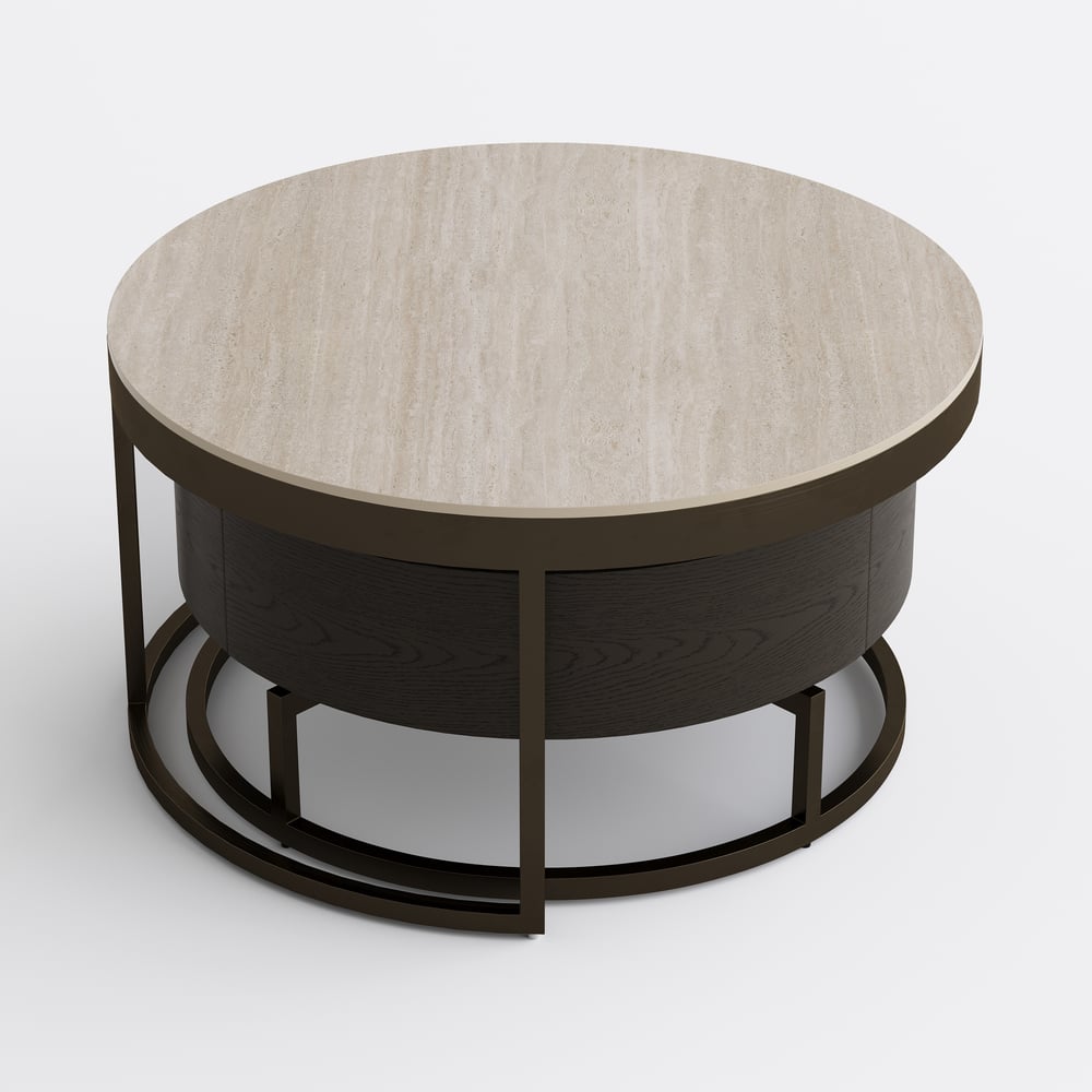 Ensemble de 2 tables basses gigognes rondes Nesnesis de 28" à 32" en noyer avec plateau en pierre frittée image de fenêtre