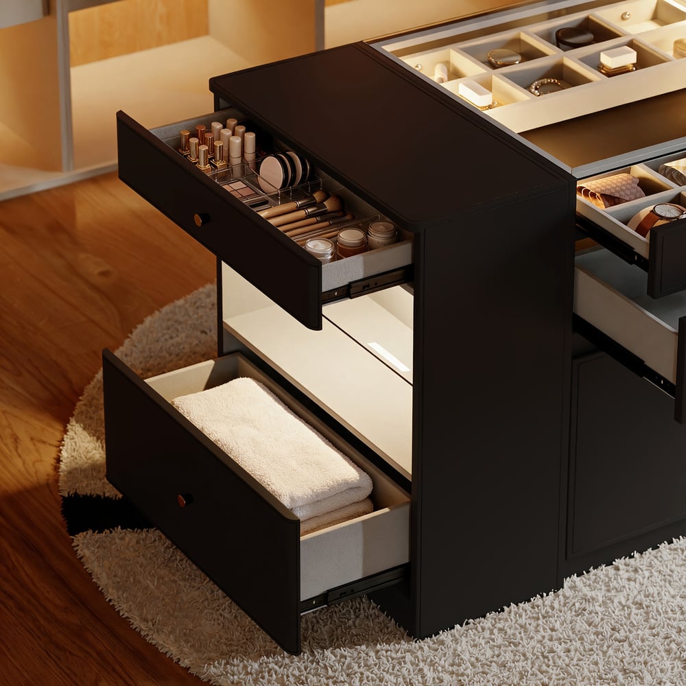 Selvo Saddle Leather Black Closet Island with Storage, Light and Jewelry Display window image
