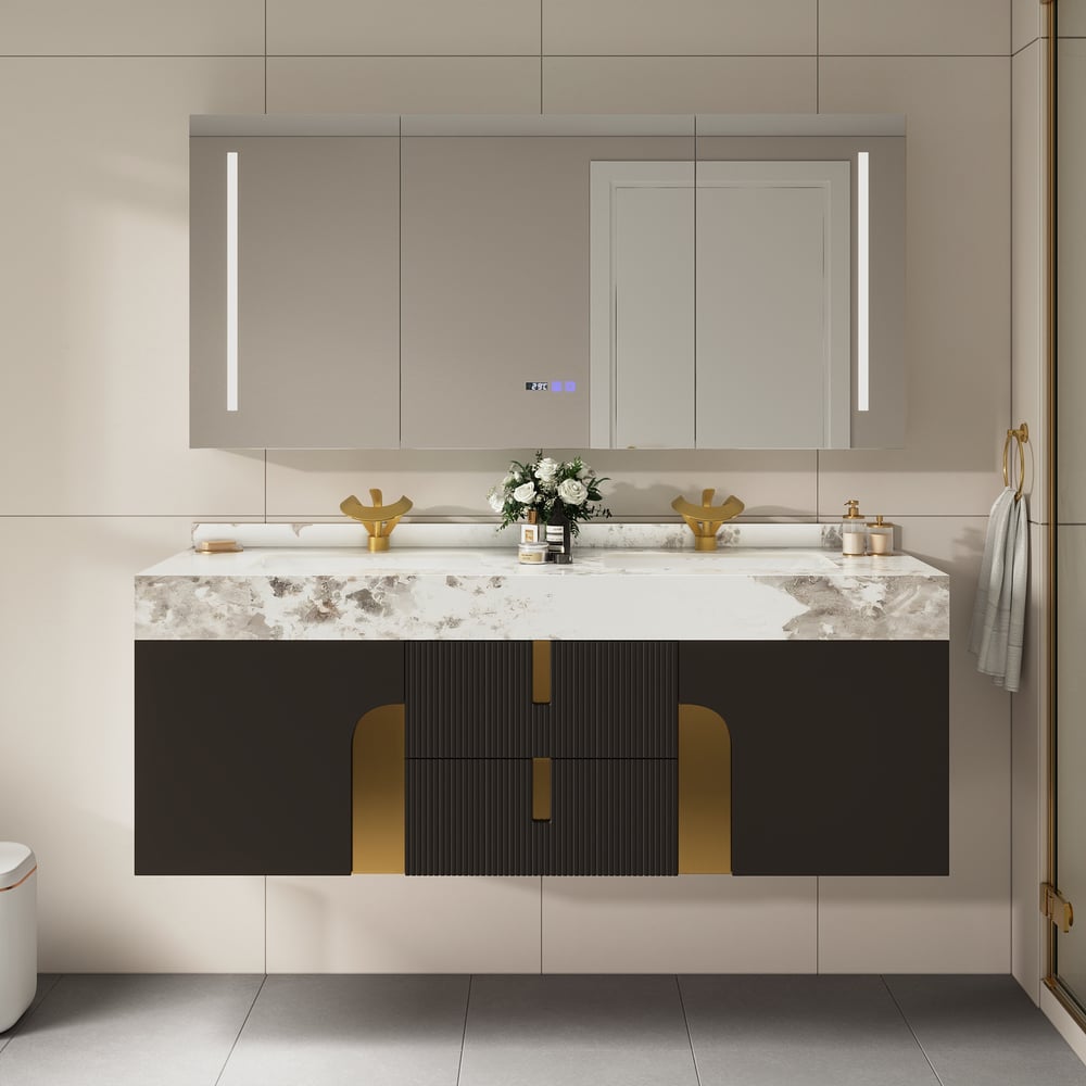 Mueble de baño Artis de 152cm de doble lavabo flotante con encimera de piedra sinterizada Imagen de ventana