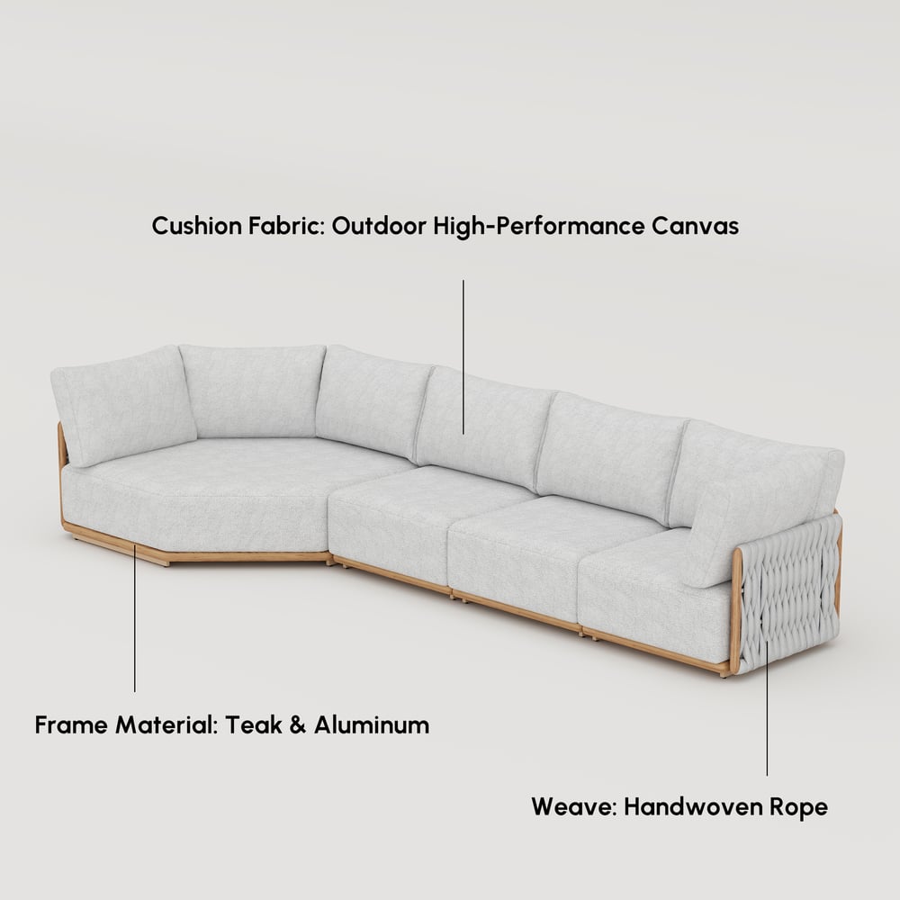 4-Piece Outdoor Teak & Aluminum Sectional Sofa Set with Chaise for 4 in Light Gray window image