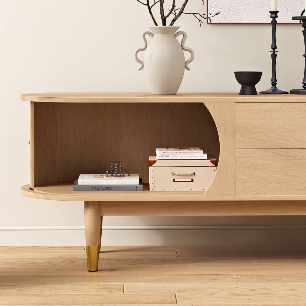 80" Ash Wood Fluted Natural TV Stand with Storage window image