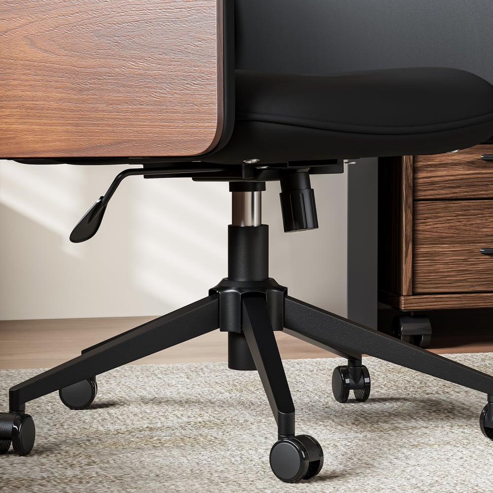 Walnut L-Shaped Corner Desk & Black Faux Leather Office Chair window image