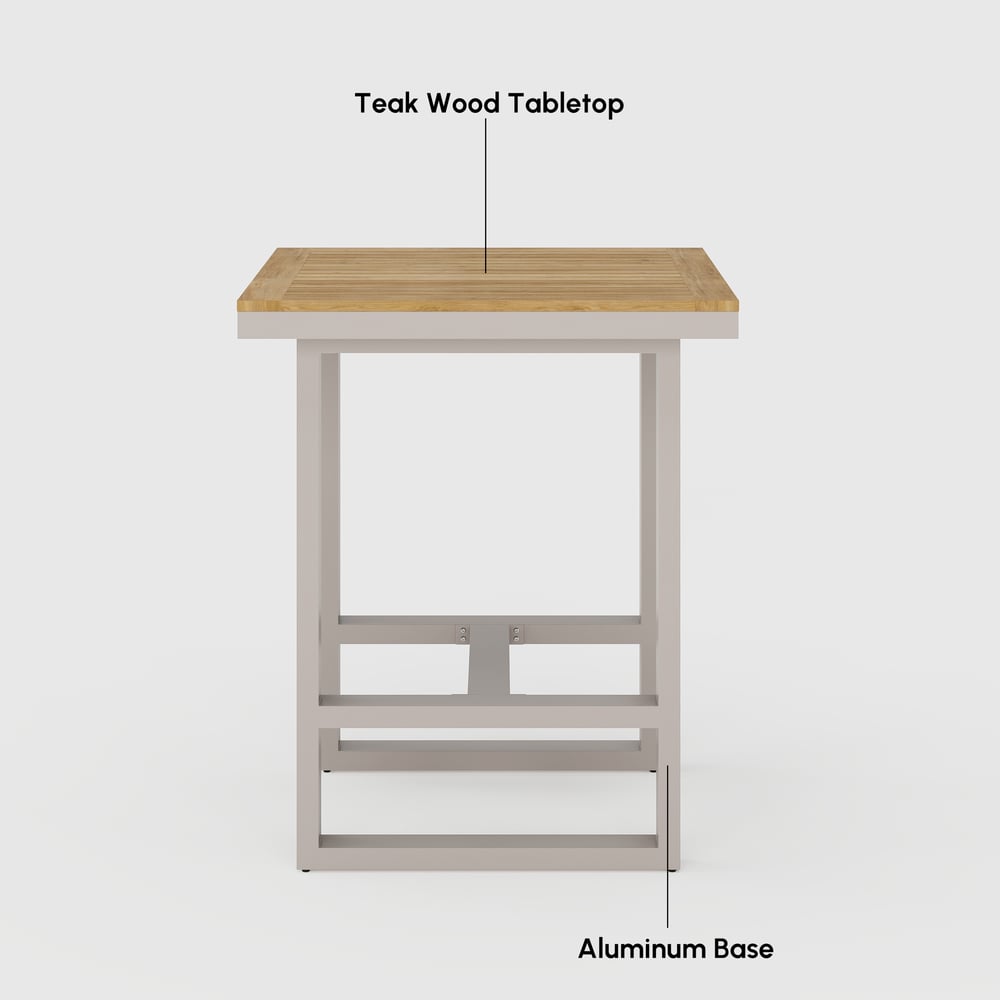 Tevara Outdoor Square Bar Table with Teak Wood Slat Top & Aluminum Frame in Sand window image