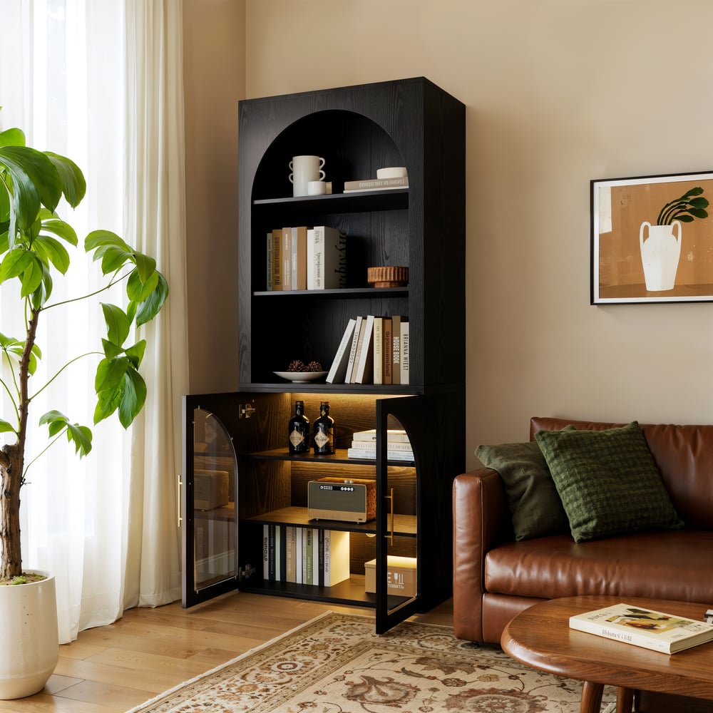 Arune Black Chest Bookcase with Storage Cabinet & LED Light window image