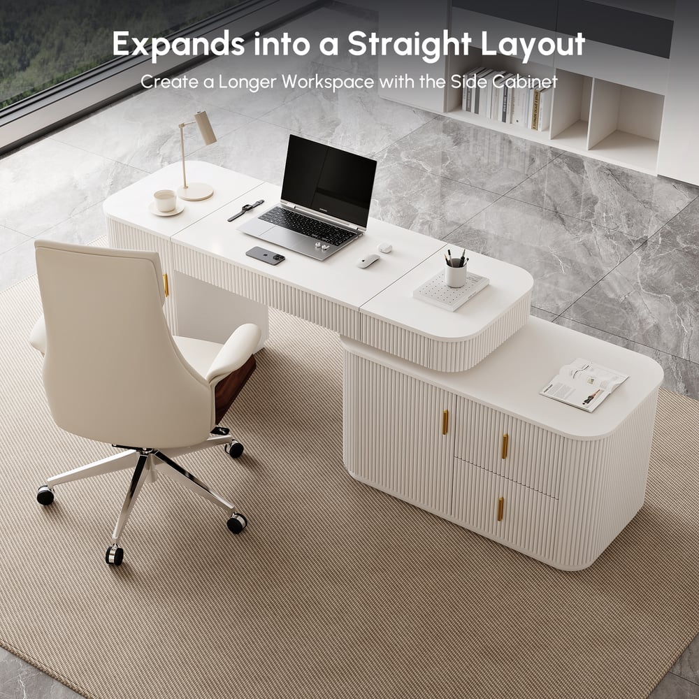 Velign 65" L-Shape White Executive Desk with Right-Side Cabinet window image