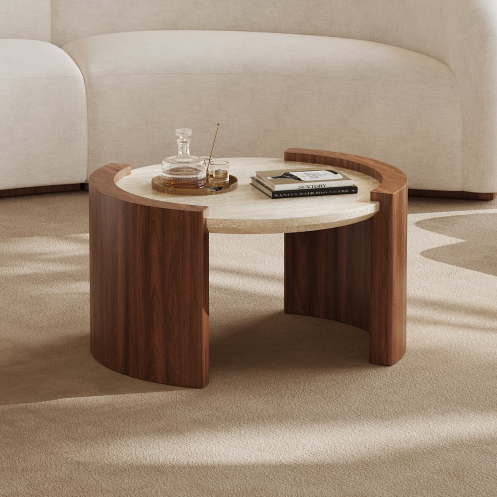 Table basse ronde en noyer de 28 pouces avec plateau en travertin image de fenêtre