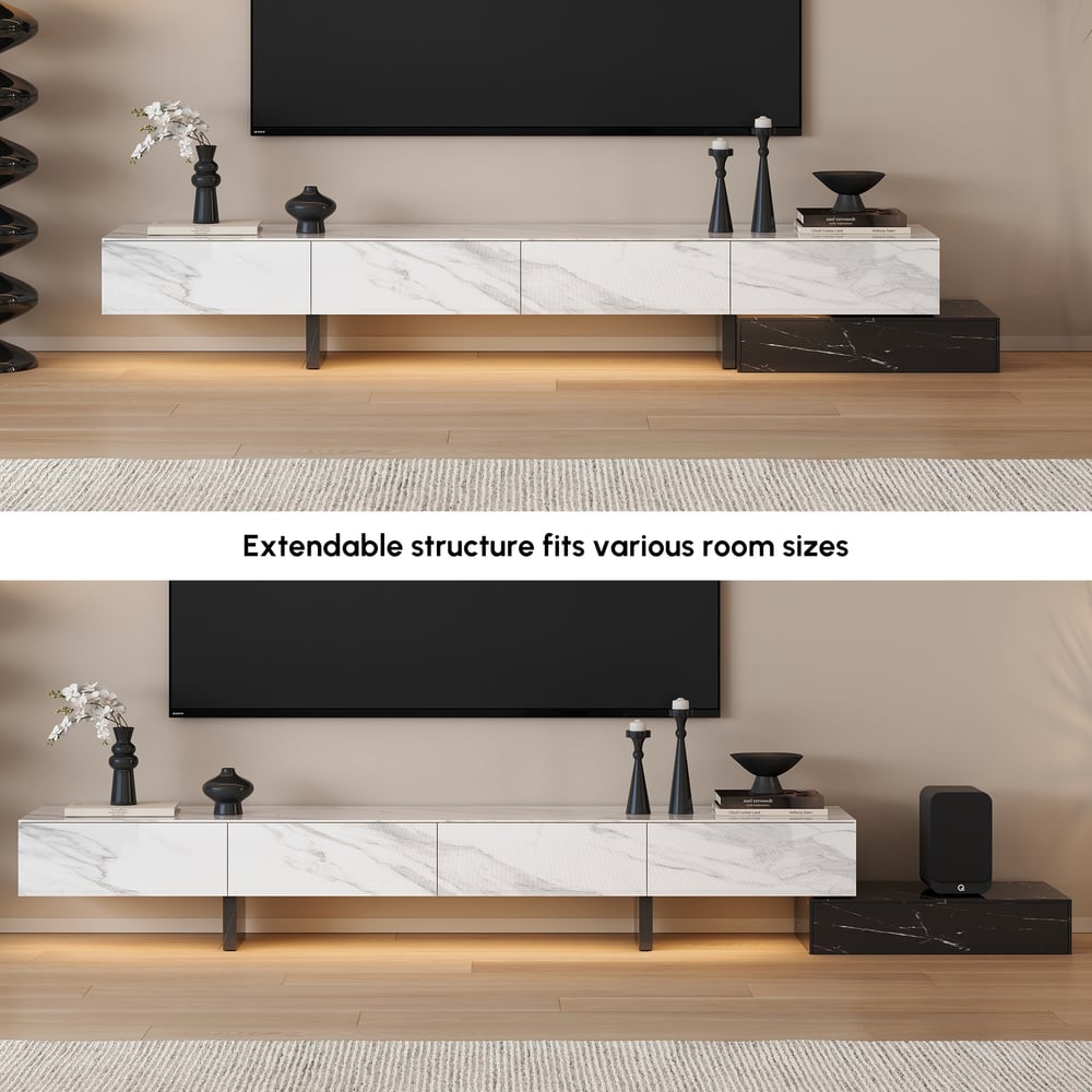 Meuble TV extensible de 87"-106" avec plateau en pierre frittée et 5 tiroirs image de fenêtre