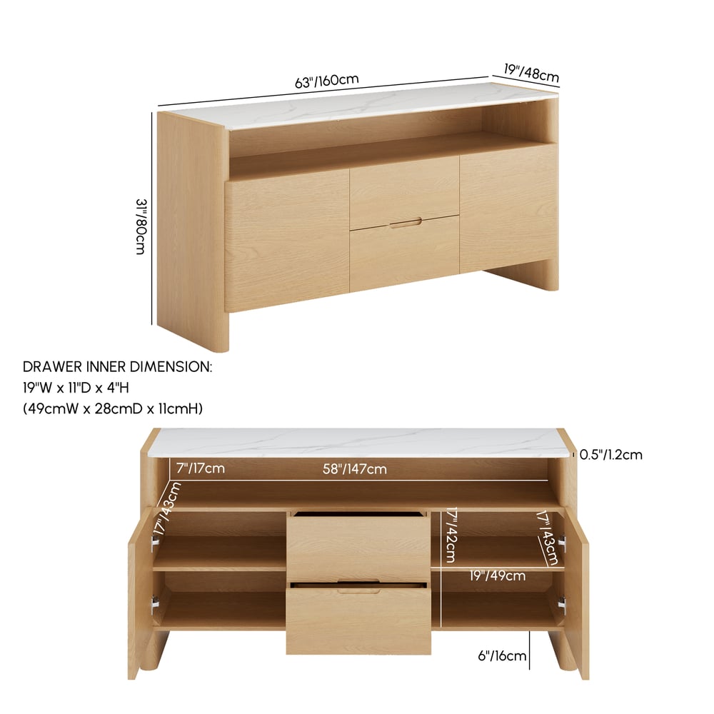 Arvona 63" Sintered Stone Sideboard with Open Storage & Adjustable Shelves weights dimensions image