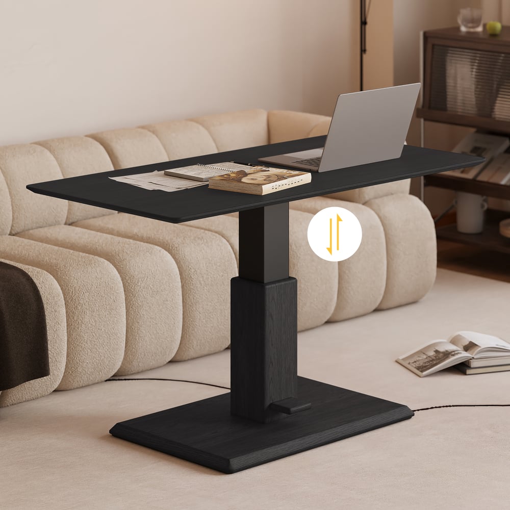 Table basse moderne de 119 cm en placage de bois noir, réglable en hauteur avec commande au pied image de fenêtre