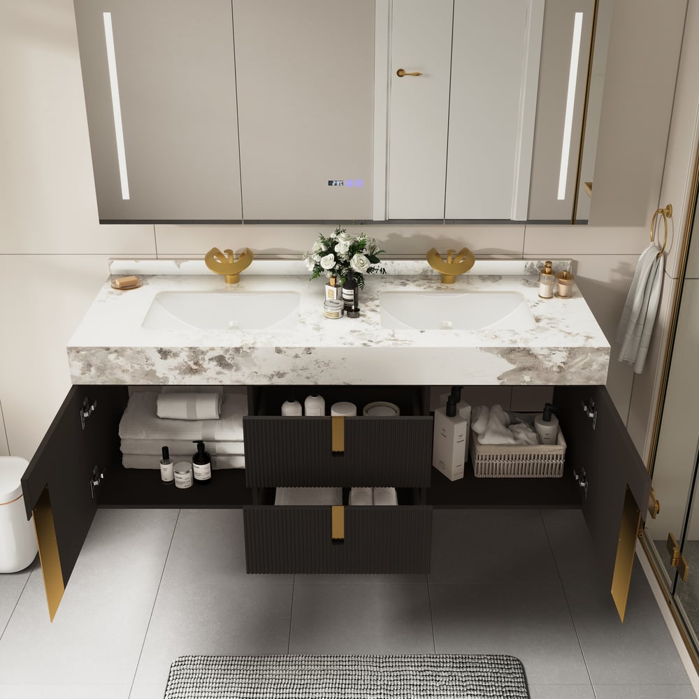 Mueble de baño Artis de 152cm de doble lavabo flotante con encimera de piedra sinterizada Imagen de ventana