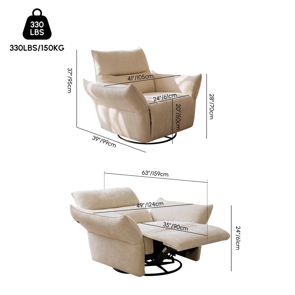 Performance Chenille Power Recliner Swivel Rocker Chair With Dual Motor & Adjustable Armrests weights dimensions image