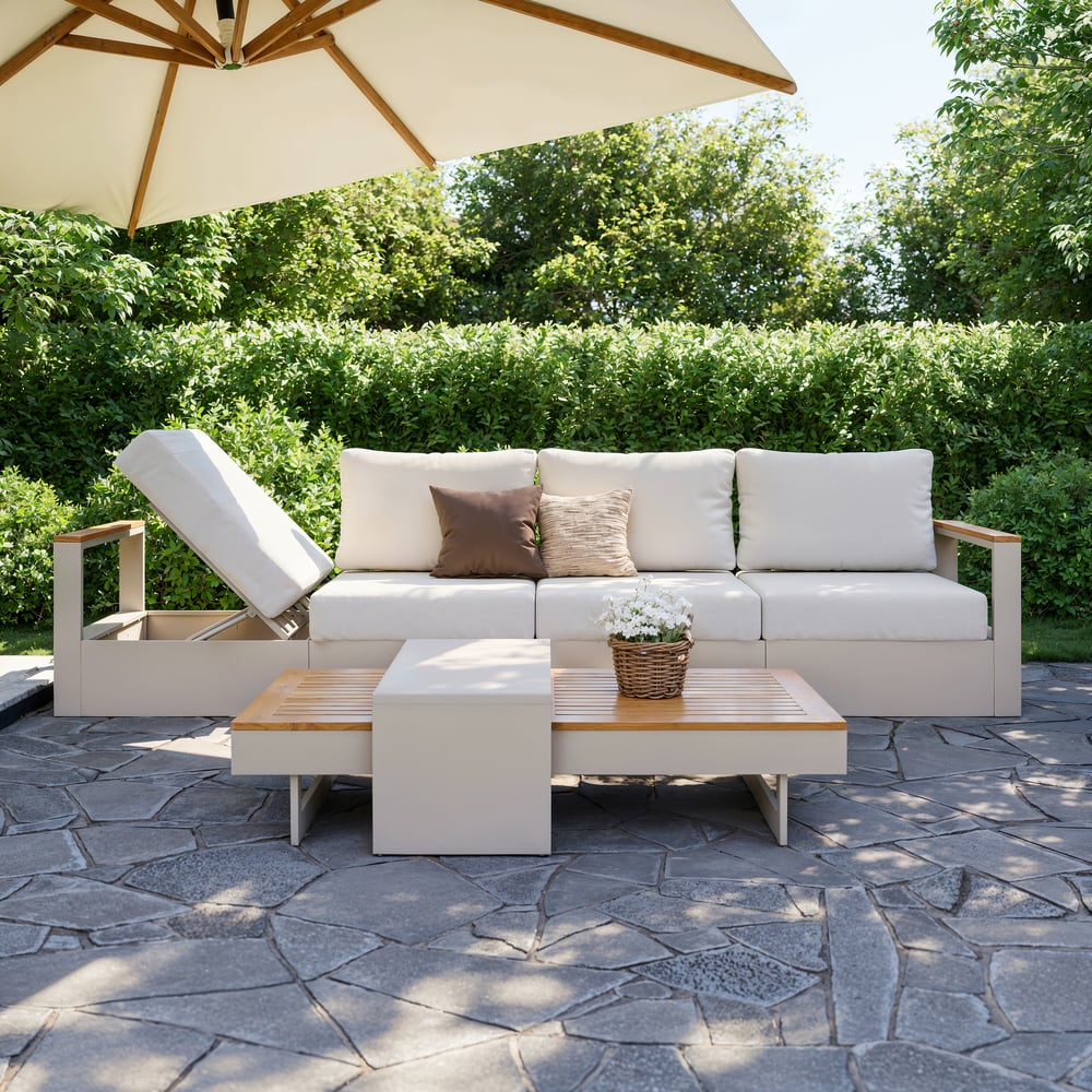 Tevara 6-Person Outdoor Sofa Set with Wood & Aluminium Frame, Sand & Warm White (4-Piece) window image