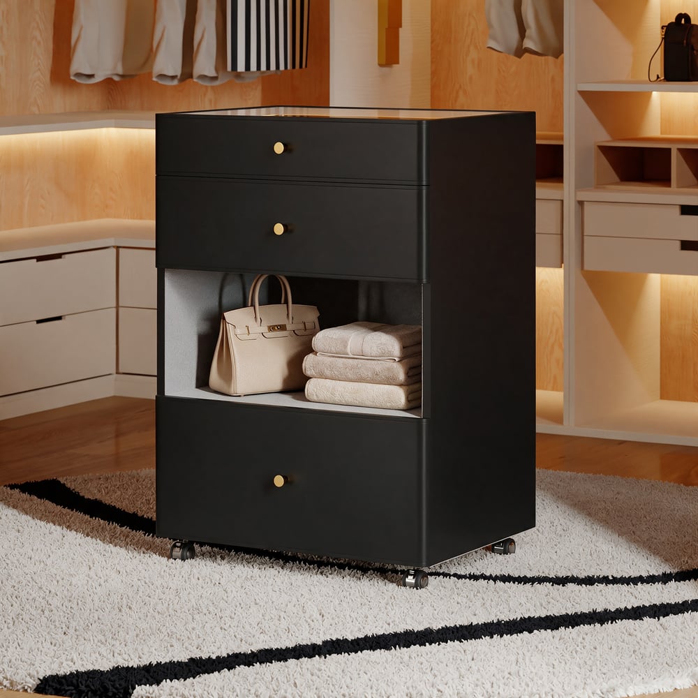 Selvo Walk-In Closet Island Jewelry Dresser with Glass Top & Light window image