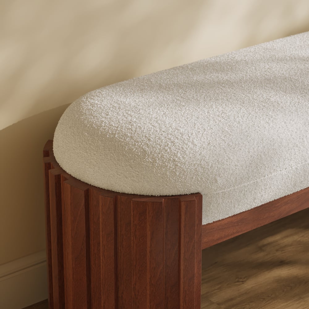 Aura 47” Walnut Wooden Boucle Upholstered Entryway Bench window image