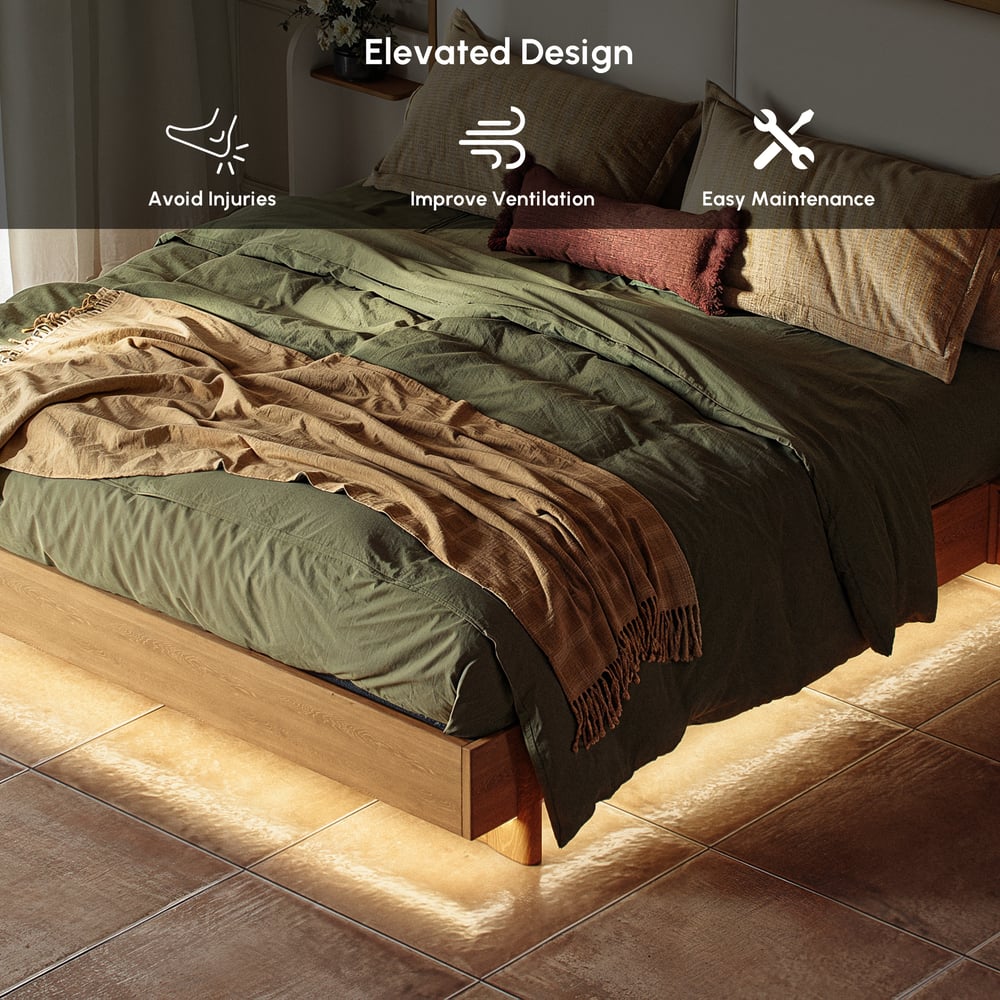 King Solid Wood Bed with Leather Extended Headboard & Floating Smart Nightstand Set window image