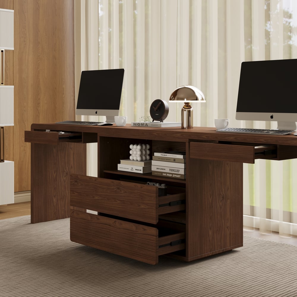 Walnut Double Desk with Drawers & 2 Black PU Leather Modern Home Office Chairs window image