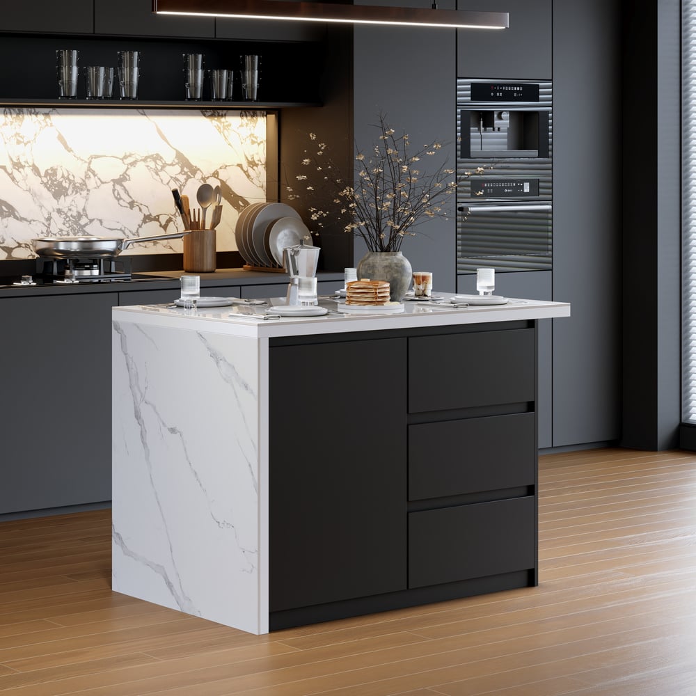 Modern 1270 mm Glossy Sintered Stone Kitchen Island with Storage, White & Black window image
