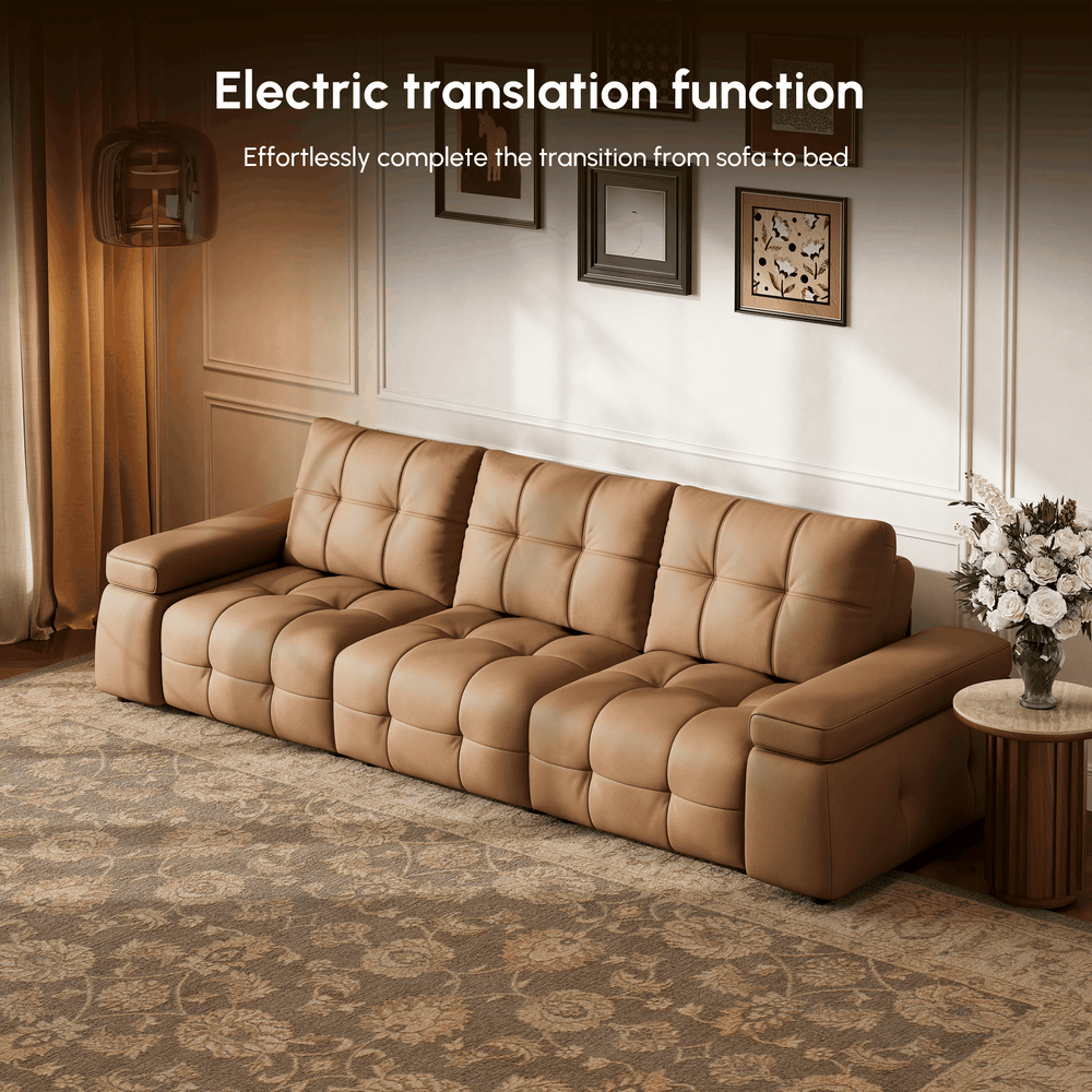 130" 3-Seater Genuine Leather Power Convertible Sleeper Sofa with adjustable armrests window image