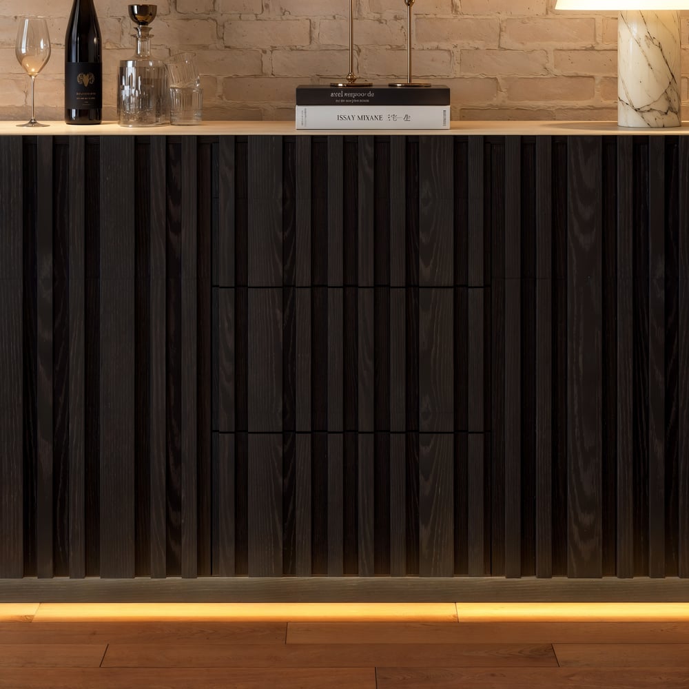 Aura 60" Black Faux Travertine Sideboard with Ash Wood Slatted Doors & LED Light window image