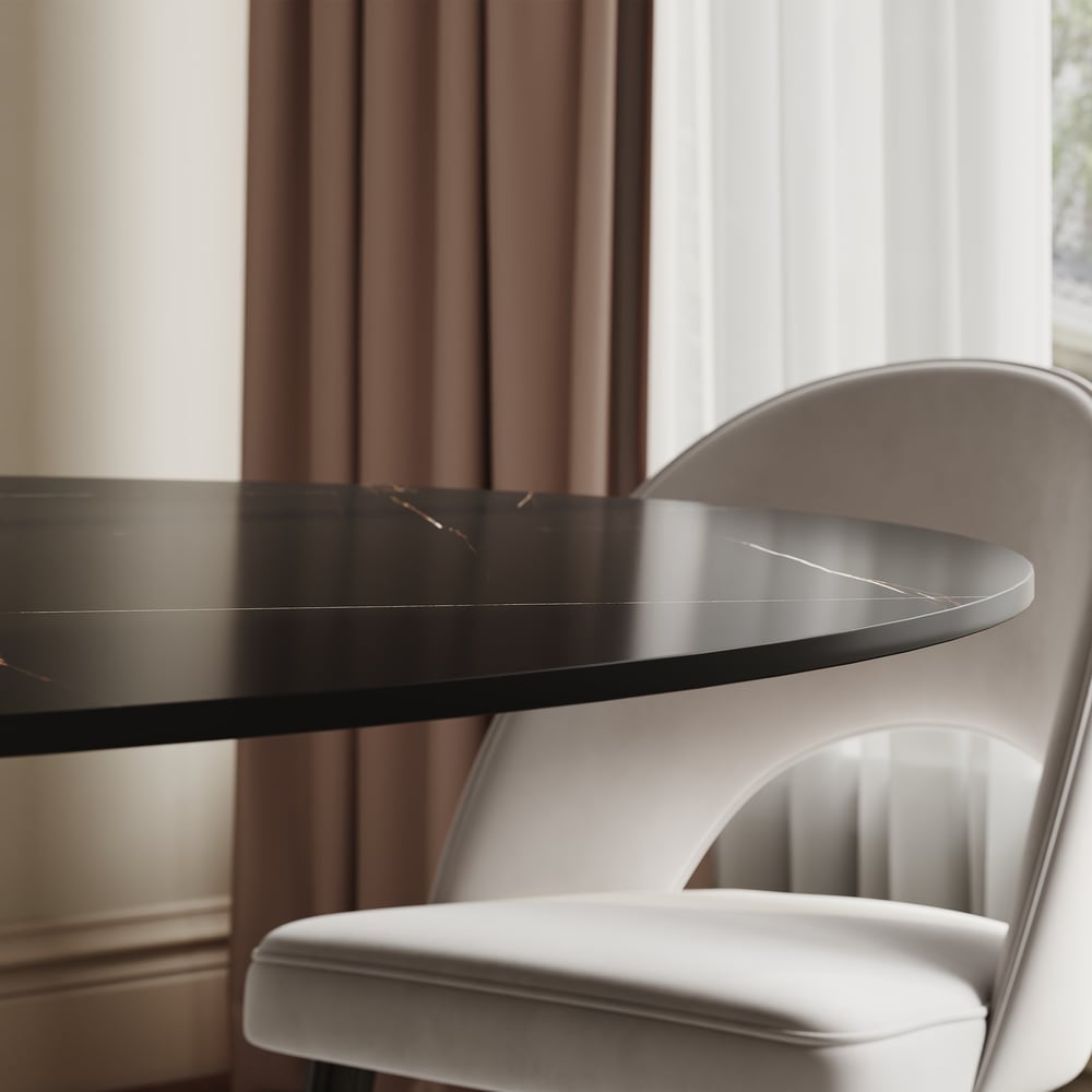 Modern 60" Round Matte Sintered Stone Dining Table with Black Pedestal Base, Seats 6 window image
