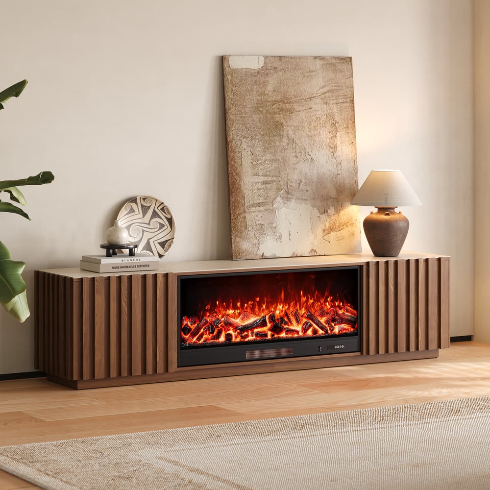 Aura 84" Sintered Stone Top Electric Fireplace TV Stand window image