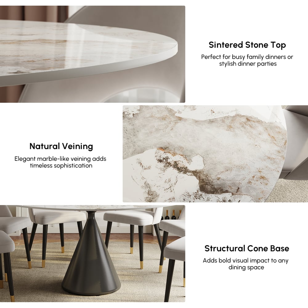 Modern 60" Round Glossy Sintered Stone Dining Table with Black Pedestal Base, Seats 6 window image